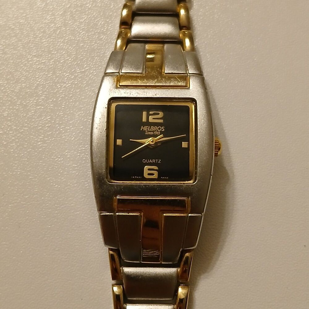 Vintage 80s Helbros Women's Two-Tone Black Dial Quartz Watch 7.5" Wrist 22mm